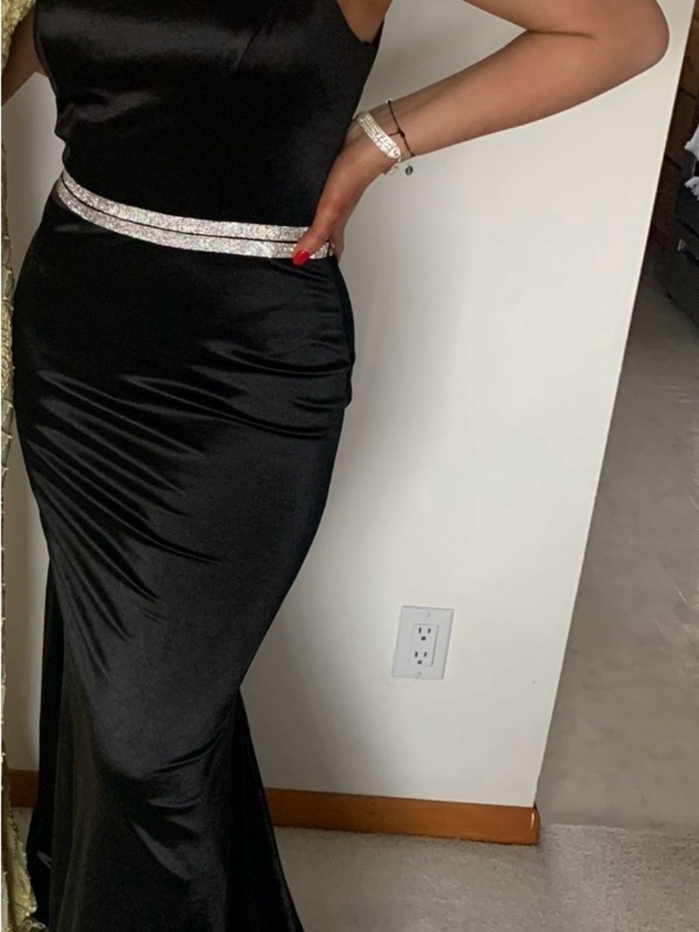Sherri Hill Elegant Black Satin Evening Gown with Rhinestone Waist and Waterfall